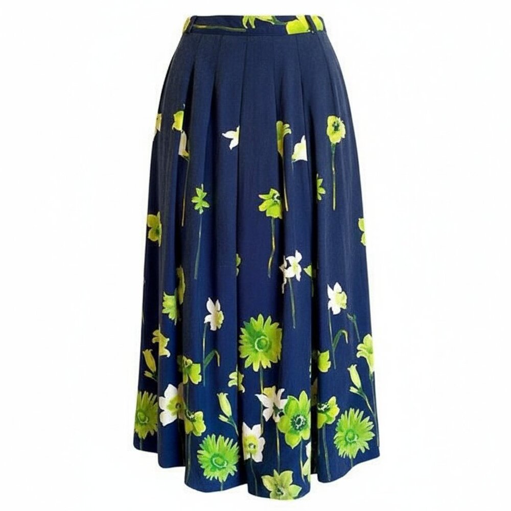 Vintage Layerd Navy Pleated Floral Prairie Midi A Line Long Skirt Cottagecore